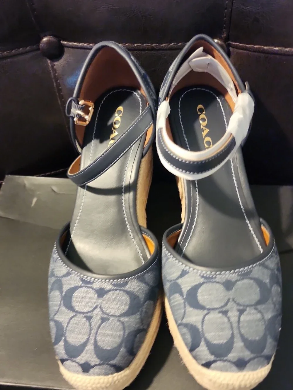 Coach Blue Signature Canvas Espadrille Wedge Sandals with Ankle Strap